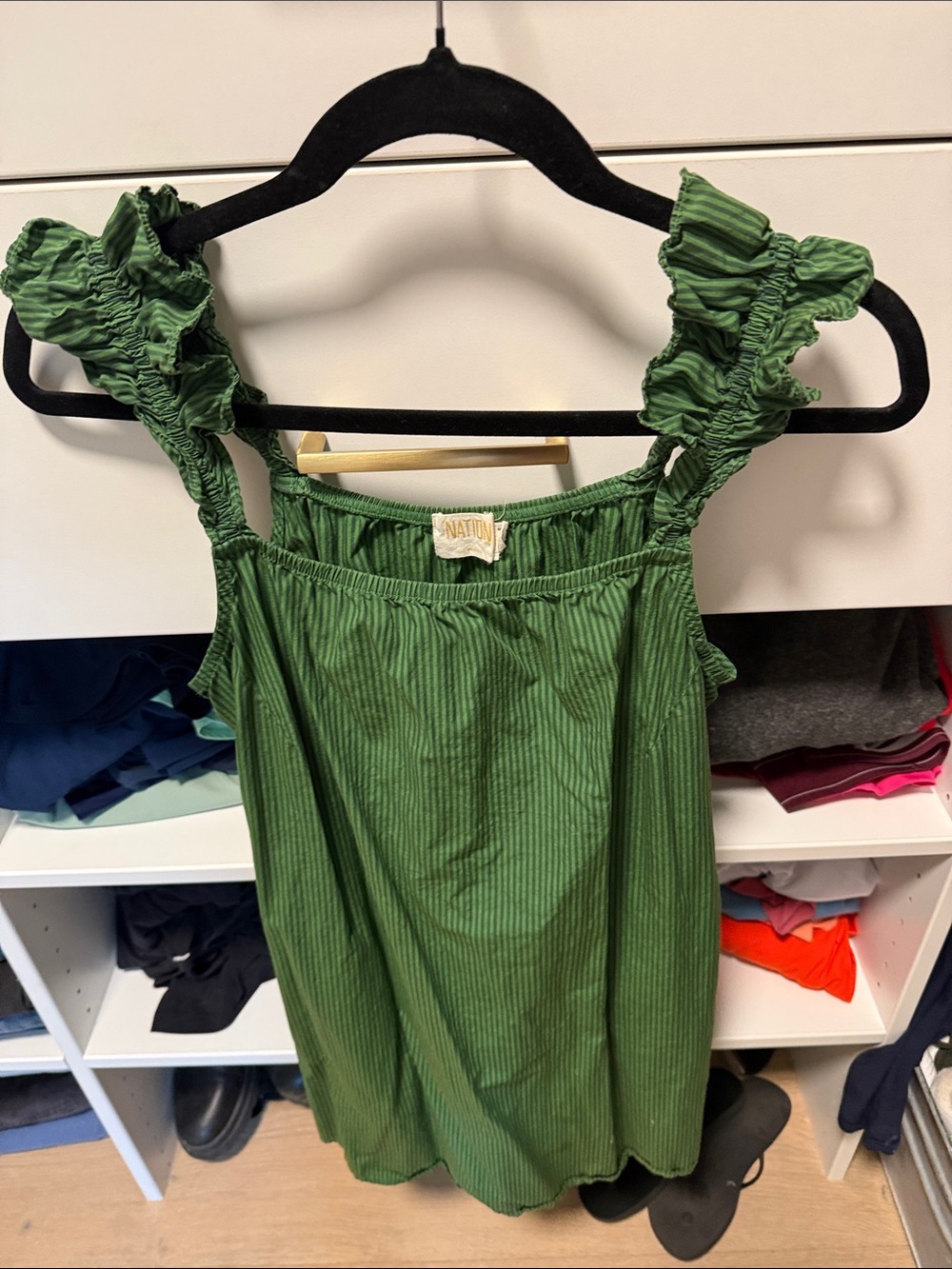 Nation LTD Green Striped Ruffle-Shoulder Camisole